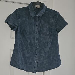 LOFT Navy Short Sleeve Button-Up Blouse